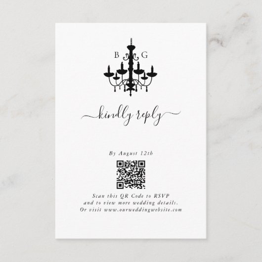 Elegante zwart witte kroonluchter monogram bruilof informatiekaartje (Voorkant)