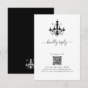 Elegante zwart witte kroonluchter monogram bruilof informatiekaartje