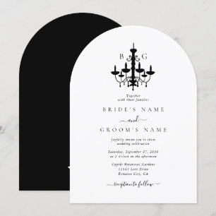 Elegante zwart witte kroonluchter monogram bruilof kaart