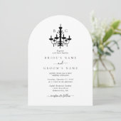 Elegante zwart witte kroonluchter monogram bruilof kaart (Staand voorkant)