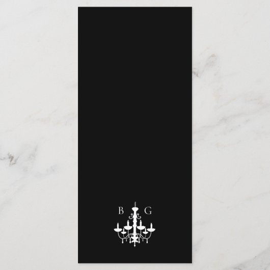 Elegante zwart witte kroonluchter monogram bruilof menu (Achterkant)