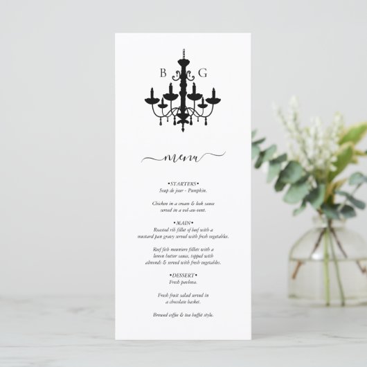 Elegante zwart witte kroonluchter monogram bruilof menu (Staand voorkant)