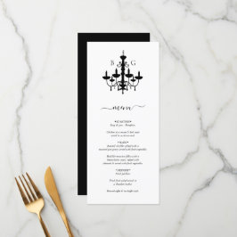 Elegante zwart witte kroonluchter monogram bruilof menu
