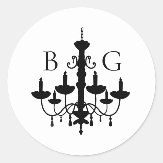 Elegante zwart witte kroonluchter monogram bruilof ronde sticker (Voorkant)