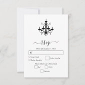 Elegante zwart witte kroonluchter monogram bruilof RSVP kaartje (Voorkant)