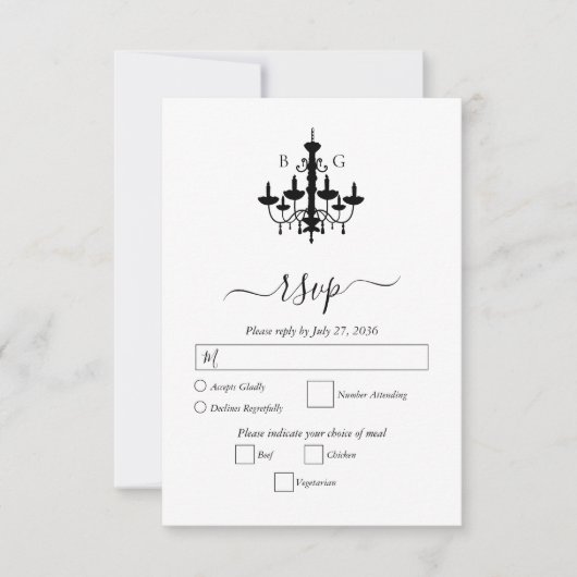 Elegante zwart witte kroonluchter monogram bruilof RSVP kaartje (Voorkant)