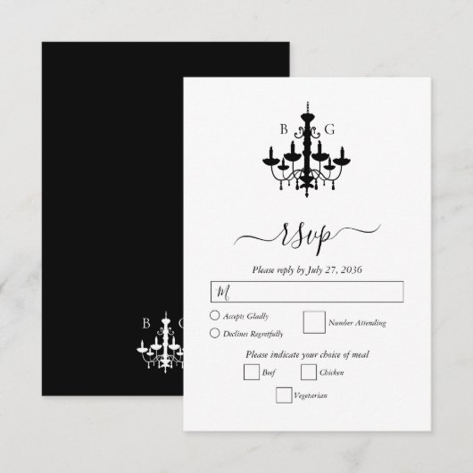 Elegante zwart witte kroonluchter monogram bruilof RSVP kaartje (Voorkant / Achterkant)