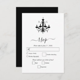Elegante zwart witte kroonluchter monogram bruilof RSVP kaartje
