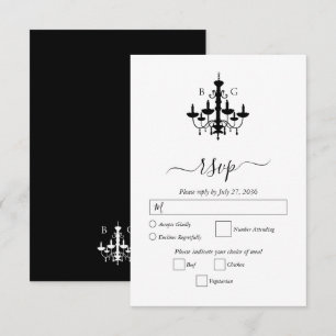 Elegante zwart witte kroonluchter monogram bruilof RSVP kaartje