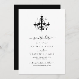 Elegante zwart witte kroonluchter monogram bruilof save the date