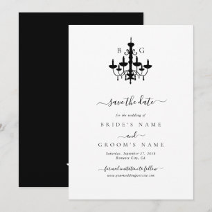 Elegante zwart witte kroonluchter monogram bruilof save the date