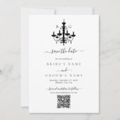Elegante zwart witte kroonluchter monogram bruilof save the date (Voorkant)
