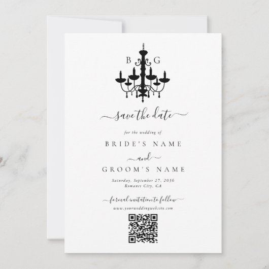 Elegante zwart witte kroonluchter monogram bruilof save the date (Voorkant)