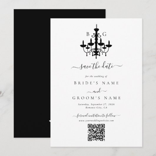 Elegante zwart witte kroonluchter monogram bruilof save the date (Voorkant / Achterkant)