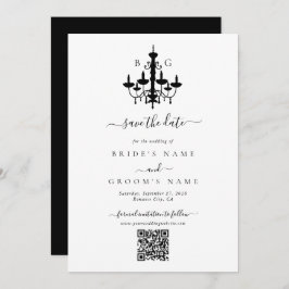 Elegante zwart witte kroonluchter monogram bruilof save the date