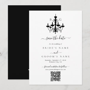 Elegante zwart witte kroonluchter monogram bruilof save the date
