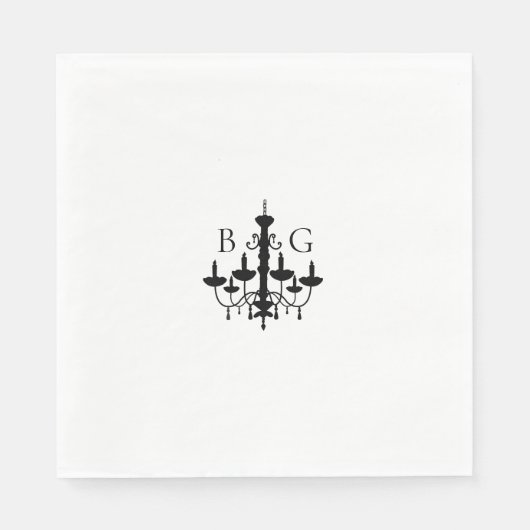 Elegante zwart witte kroonluchter monogram bruilof servet (Voorkant)