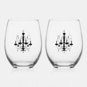 Elegante zwart witte kroonluchter monogram bruilof wijnglas zonder voet (Achterkant)
