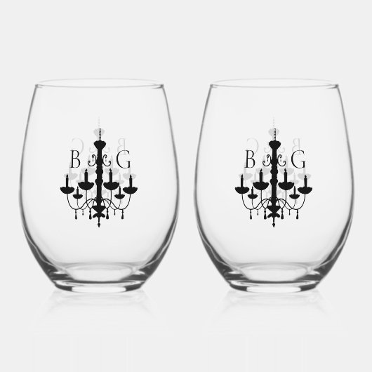Elegante zwart witte kroonluchter monogram bruilof wijnglas zonder voet (Achterkant)