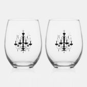 Elegante zwart witte kroonluchter monogram bruilof wijnglas zonder voet (Voorkant)
