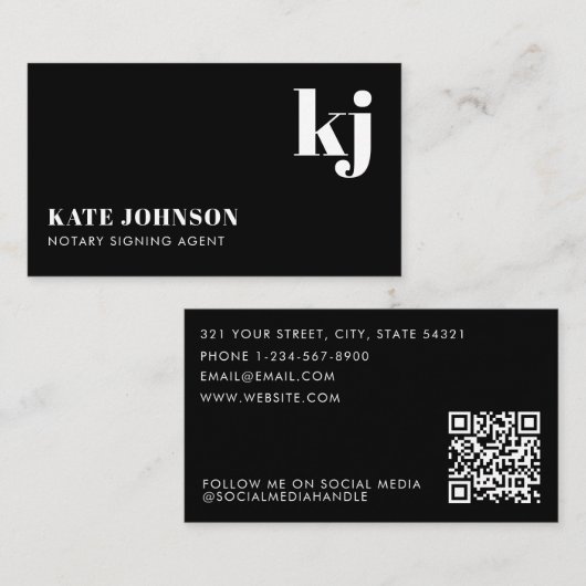 Elegante Zwart Witte Minimalistische QR Code Monog Visitekaartje (Voorkant / Achterkant)