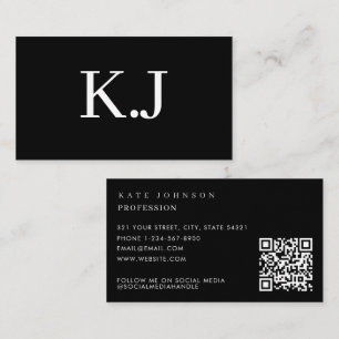 Elegante Zwart Witte Minimalistische QR-code Monog Visitekaartje