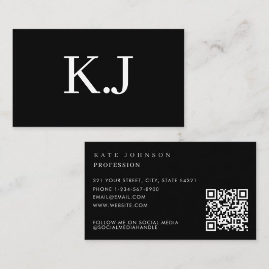 Elegante Zwart Witte Minimalistische QR-code Monog Visitekaartje (Voorkant / Achterkant)