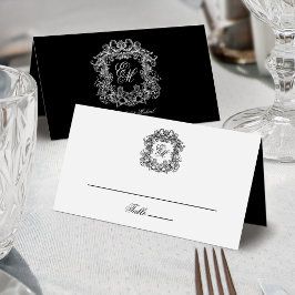 Elegante Zwart Witte Monogram Crest Vintage Trouw Plaatskaartje
