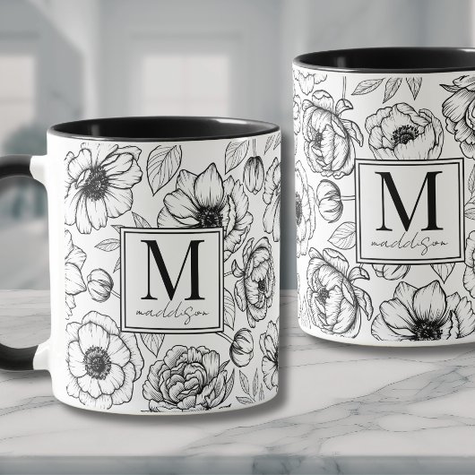 Elegante Zwart Witte Monogram Mok