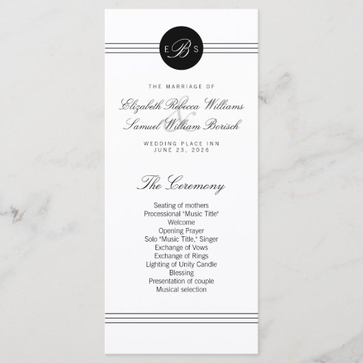 Elegante Zwart Witte Monogram Program Kaartenrek Programmakaart (Voorkant)