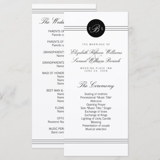 Elegante Zwart Witte Monogram Programma Kaartenrek Programmakaart (Voorkant / Achterkant)
