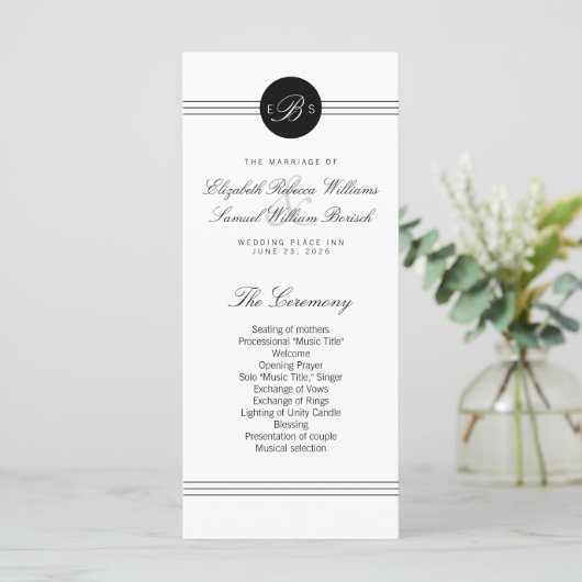 Elegante Zwart Witte Monogram Programma Kaartenrek Programmakaart (Staand voorkant)