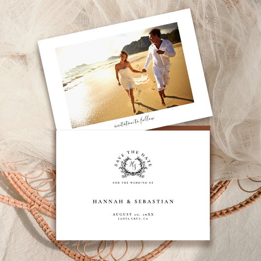 Elegante Zwart/Witte Monogram Wapen Huwelijk Save The Date