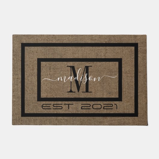 Elegante zwart-witte naam monogram deurmat (Voorkant)