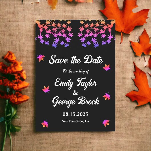 Elegante zwart-witte neon bladeren herfst bruiloft save the date
