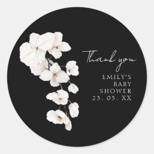 Elegante Zwart Witte Orchidee Baby Shower Dank Je Ronde Sticker