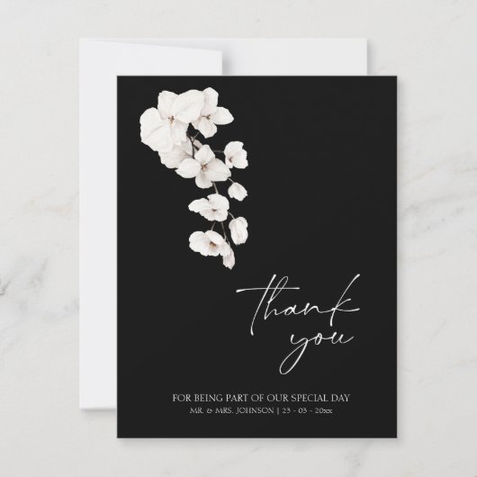Elegante zwart-witte orchidee bruiloft Dank u Bedankkaart (Voorkant)