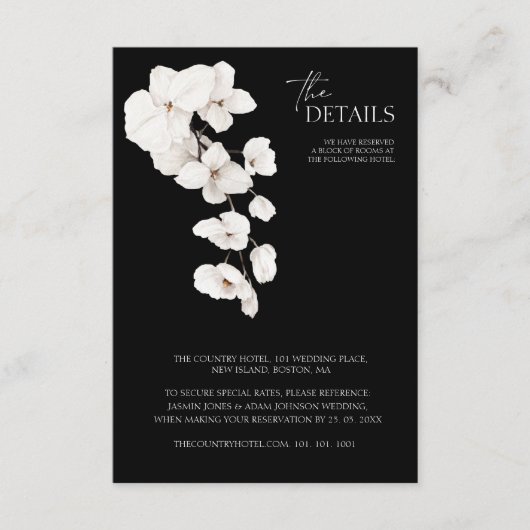 Elegante zwart-witte orchidee bruiloft details informatiekaartje (Voorkant)