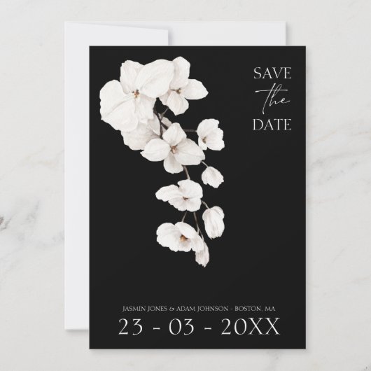 Elegante zwart-witte orchidee bruiloft save the date (Voorkant)