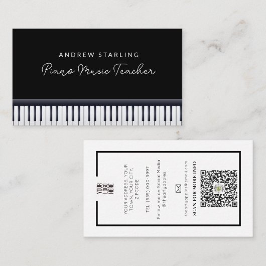 Elegante zwart-witte pianotoetsen muziekleraar visitekaartje (Voorkant / Achterkant)