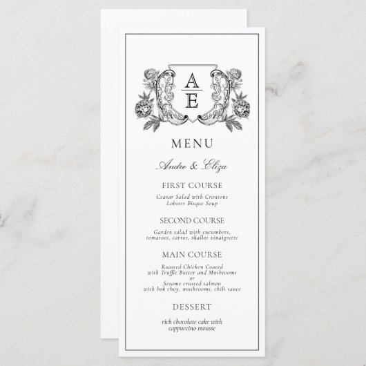 Elegante zwart-witte pioen bloemige bruiloft menu (Voorkant / Achterkant)