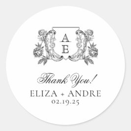 Elegante zwart-witte pioen bloemige bruiloft ronde sticker