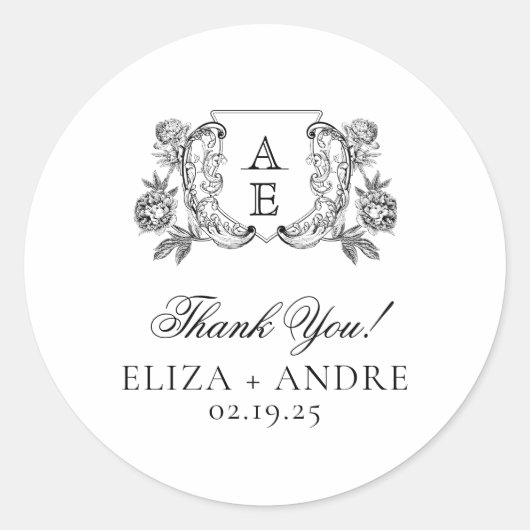 Elegante zwart-witte pioen bloemige bruiloft ronde sticker (Voorkant)