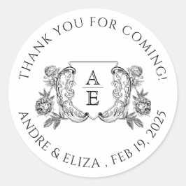 Elegante zwart-witte pioen bloemige bruiloft ronde sticker