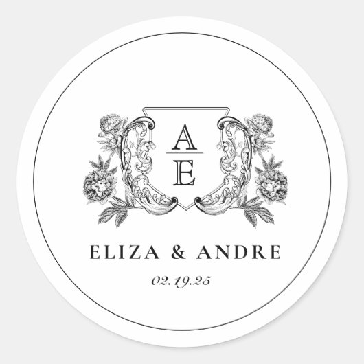 Elegante zwart-witte pioen bloemige bruiloft ronde sticker (Voorkant)