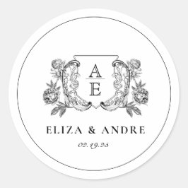 Elegante zwart-witte pioen bloemige bruiloft ronde sticker