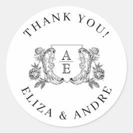 Elegante zwart-witte pioen bloemige bruiloft ronde sticker