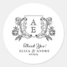 Elegante zwart-witte pioen bloemige bruiloft ronde sticker