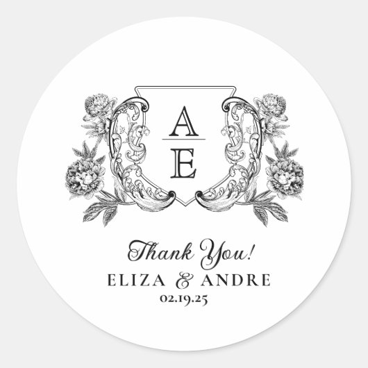 Elegante zwart-witte pioen bloemige bruiloft ronde sticker (Voorkant)