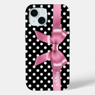 Elegante zwart witte polkadots roze boog iPhone 15 case